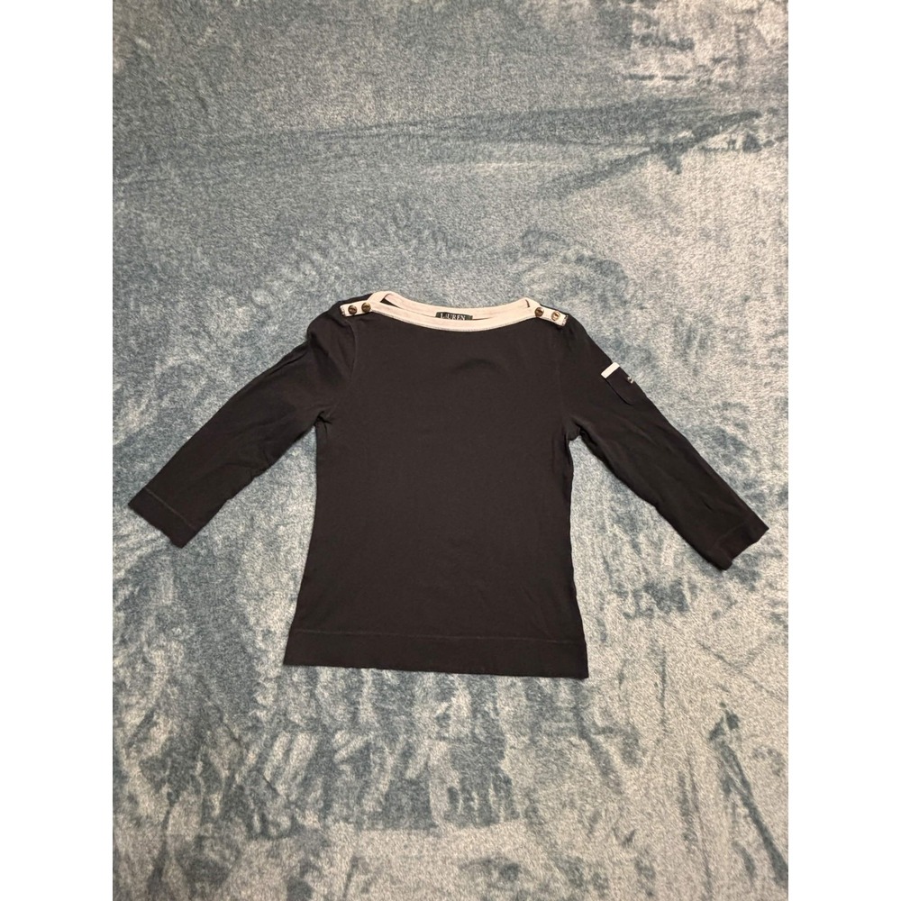 Lauren Ralph Lauren Nautical Boat Neck T-Shirt Size S Navy Gold Buttons